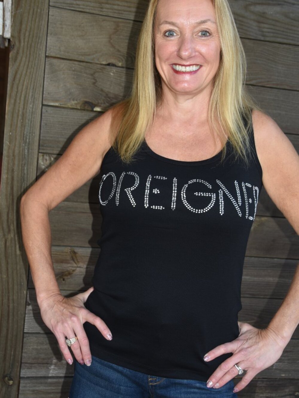 Foreigner  Rhinestone bling black tank top sizes XS S M L XL XXL 1X 2X 3X 4X 5X